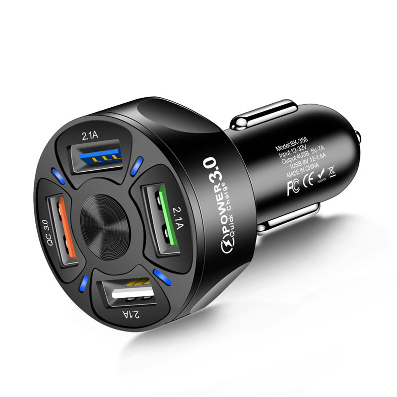 4 Ports USB Car Charger Mini Fast Charging Mobile Phone Charger Adapter in Car Four-in-one Mobile Phone Charging – Black