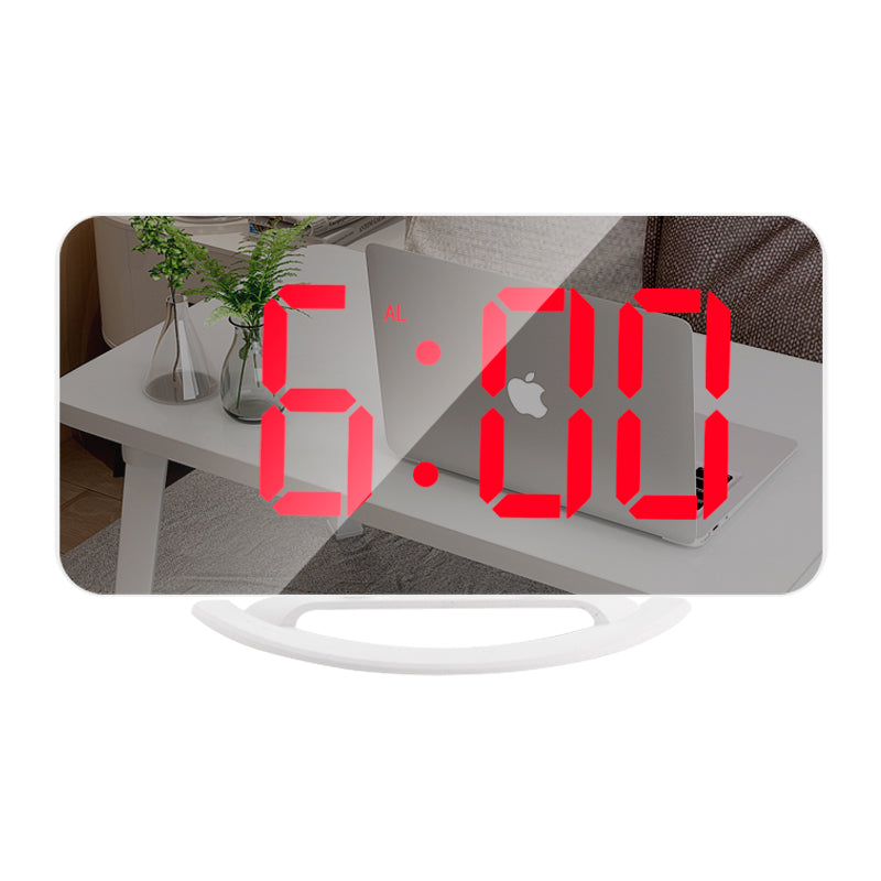 LED Mirror Digital Alarm Clock Large Display with Diming Mode Dual USB Ports – White Shell Red Light
