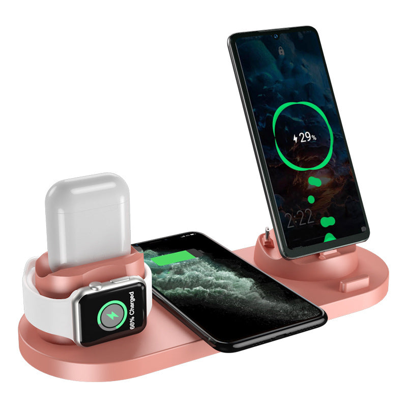 10W Qi Fast 6 in 1 Wireless Charger Station for Iphone Airpods USB Type C Stand Phone Chargers for Apple Watch Airpods Charging – Pink