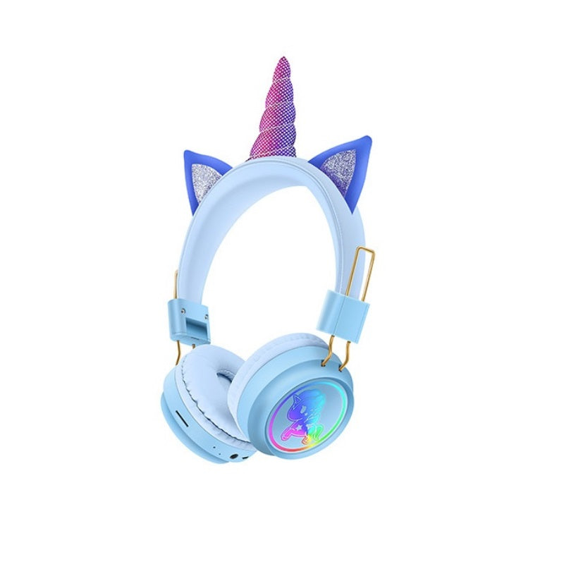 Cute Unicorn Creative Cartoon Headphones AH-902A Wireless Bluetooth LED Headset With Microphone Music Stereo – Blue