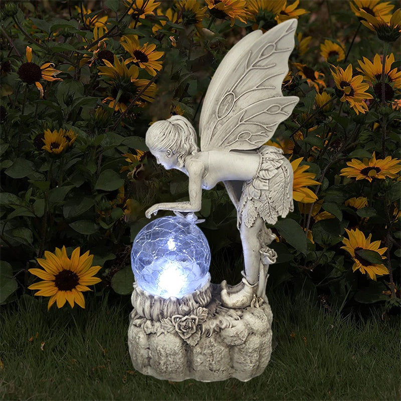 Garden Solar Flower Fairy Miniature Ornament Decoration with Light Resin Yard Art Night Lamp Sculpture Home Decor – Type A + White Light