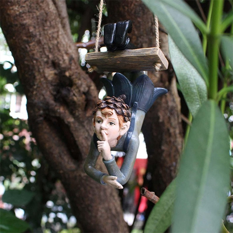 Creative Garden Swing Elf Statue Pendant Outdoor Retro Resin Elf Boy Hangings Ornaments For Home Patio Yard Decor