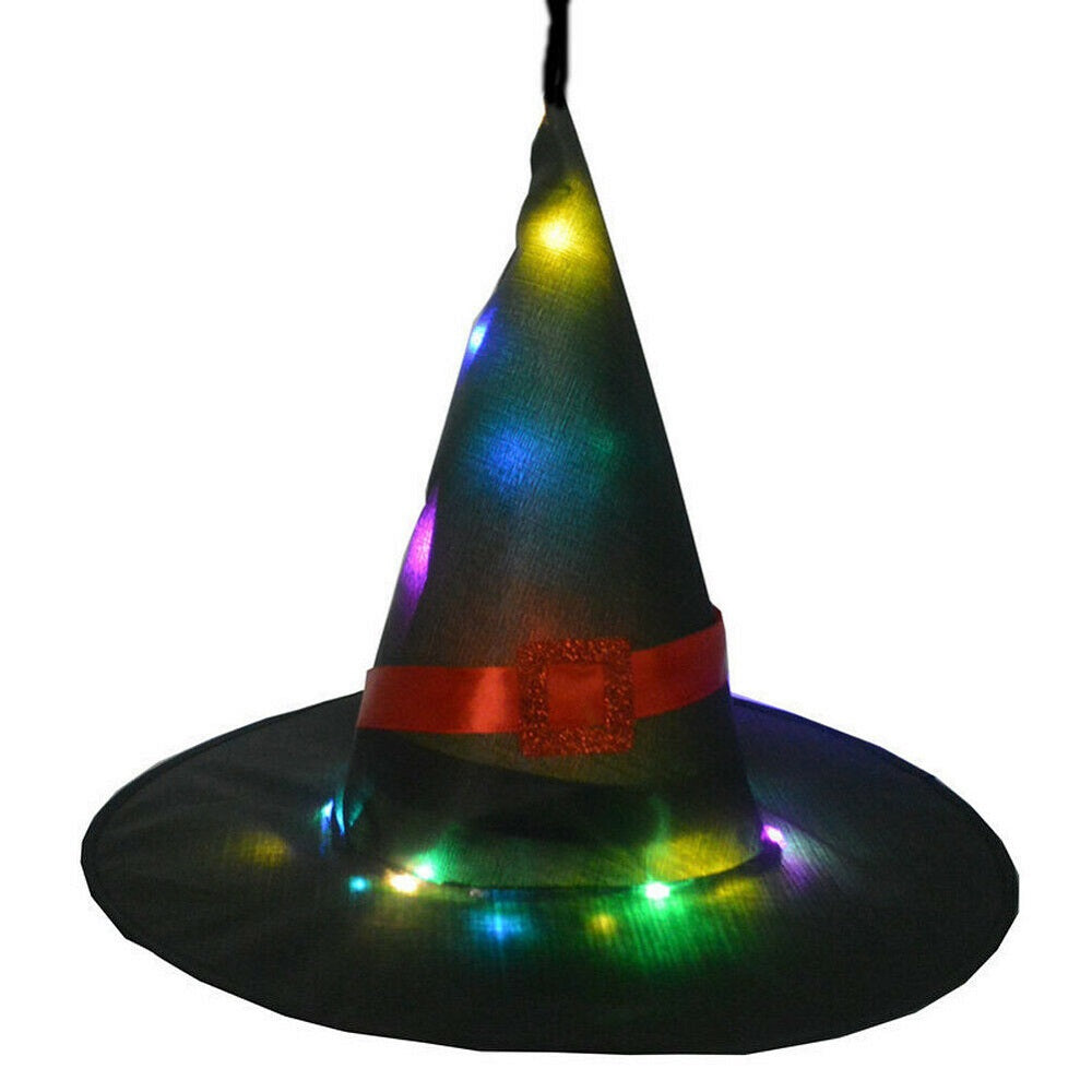 LED Glowing Witch Hat Halloween Tree Hanging Decor Light Up Witches Caps 5Pcs – Black