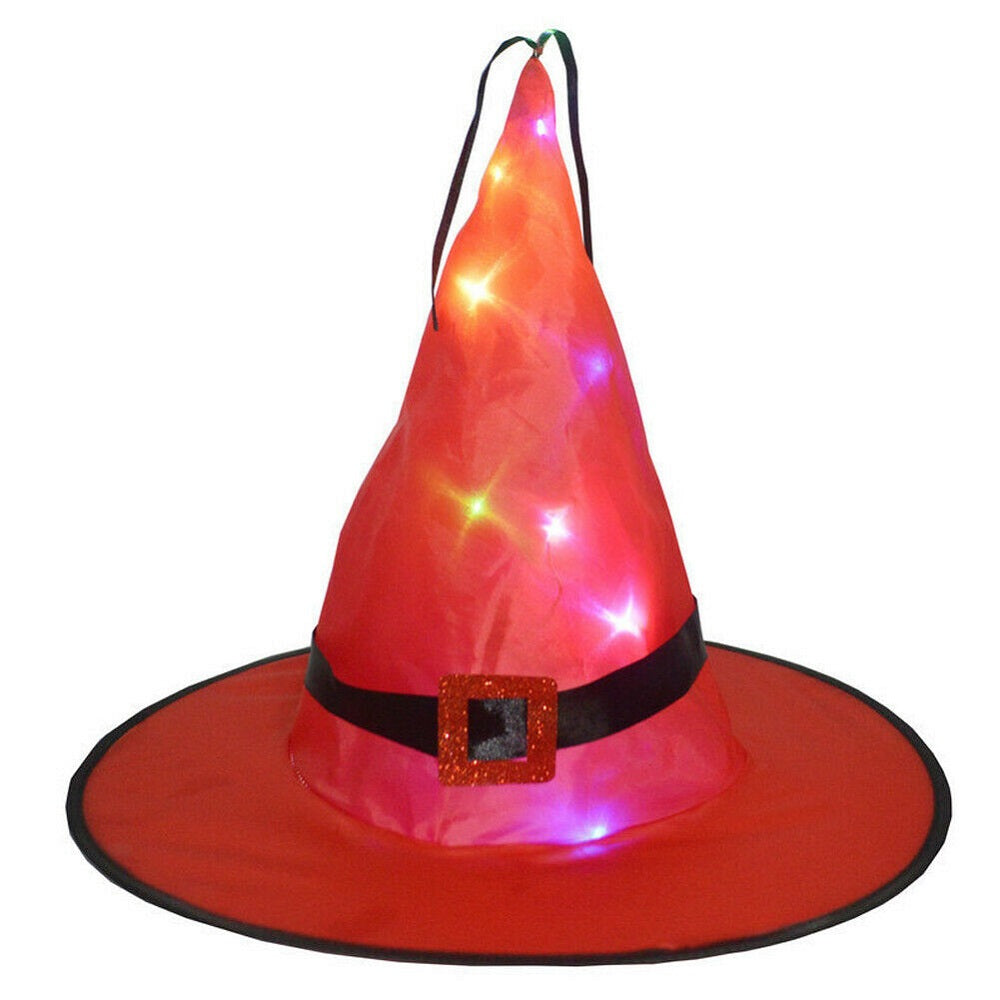 LED Glowing Witch Hat Halloween Tree Hanging Decor Light Up Witches Caps 5Pcs – Red