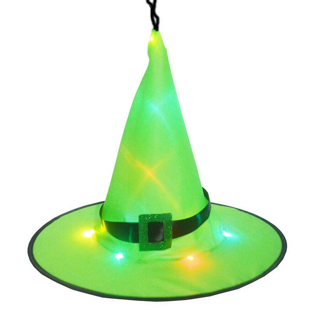 LED Glowing Witch Hat Halloween Tree Hanging Decor Light Up Witches Caps 5Pcs – Green