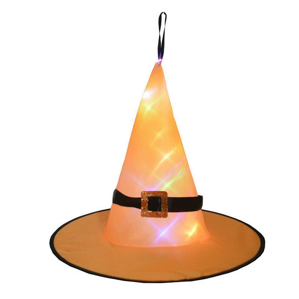 LED Glowing Witch Hat Halloween Tree Hanging Decor Light Up Witches Caps 5Pcs – Orange