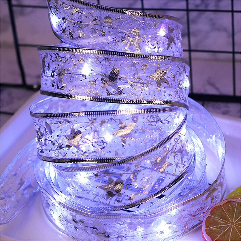 Christmas Ribbon String Lights Xmas Tree New Year Gift Box – White