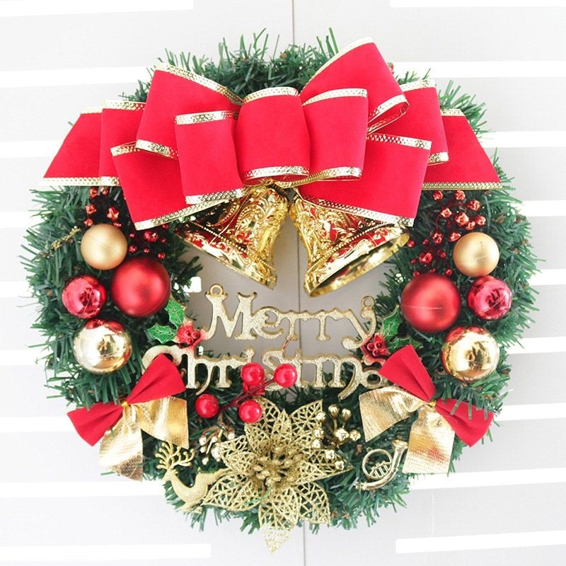 Beautiful Decorated Christmas Front Door Decoration Wreath Hanging Rattan Ornaments – Red with Bell