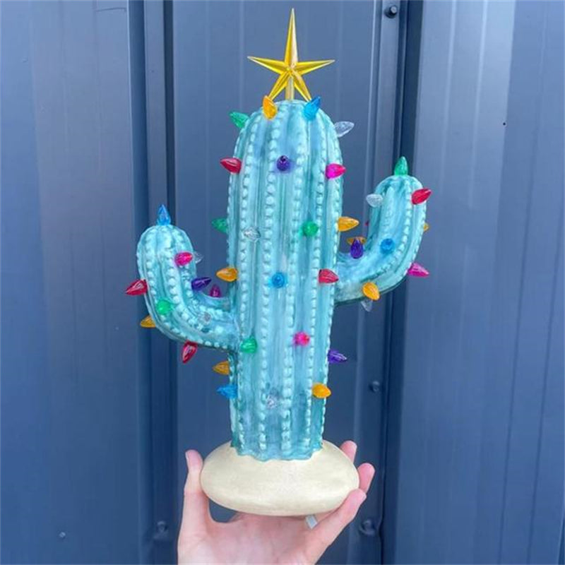 Resin Ornaments Ceramic Christmas Cactus with Light Decorations – Blue