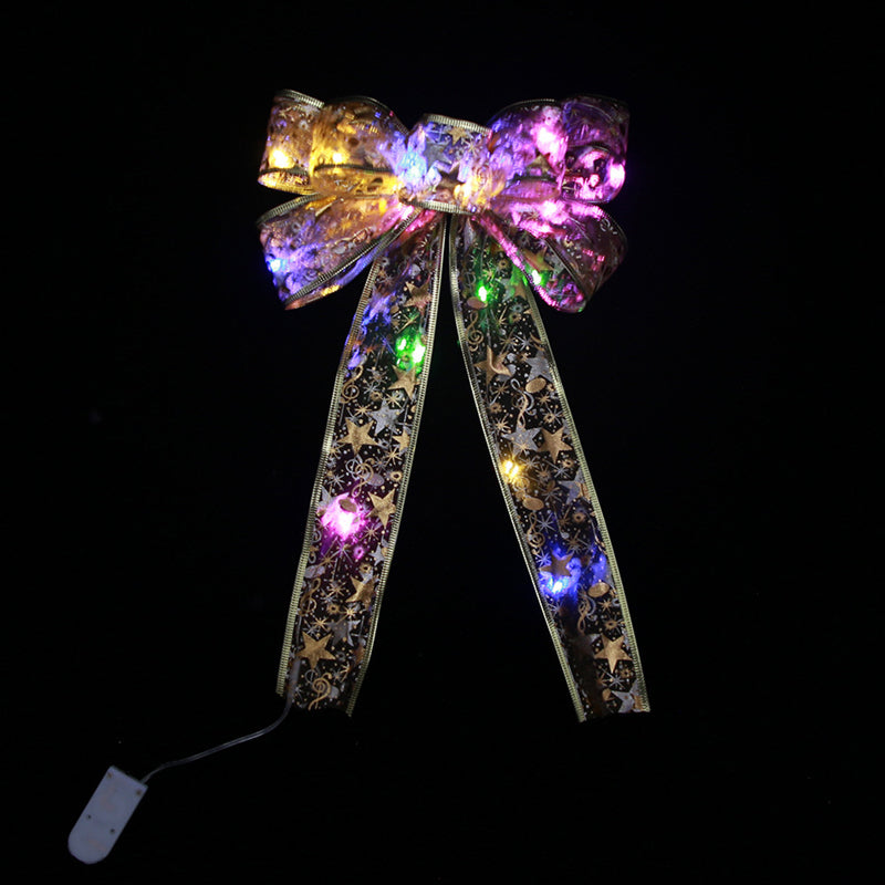 stmas Tree Ribbon Bow LED String Lights Xmas Gift Decoration – Gold Printing / Multicolor