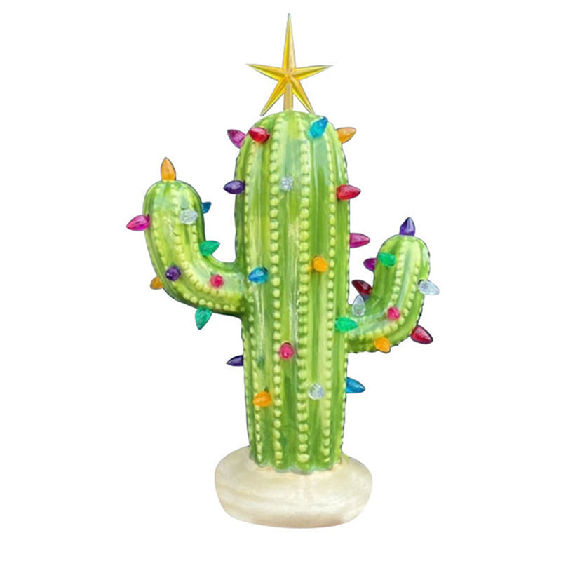 Resin Ornaments Ceramic Christmas Cactus with Light Decorations – Green