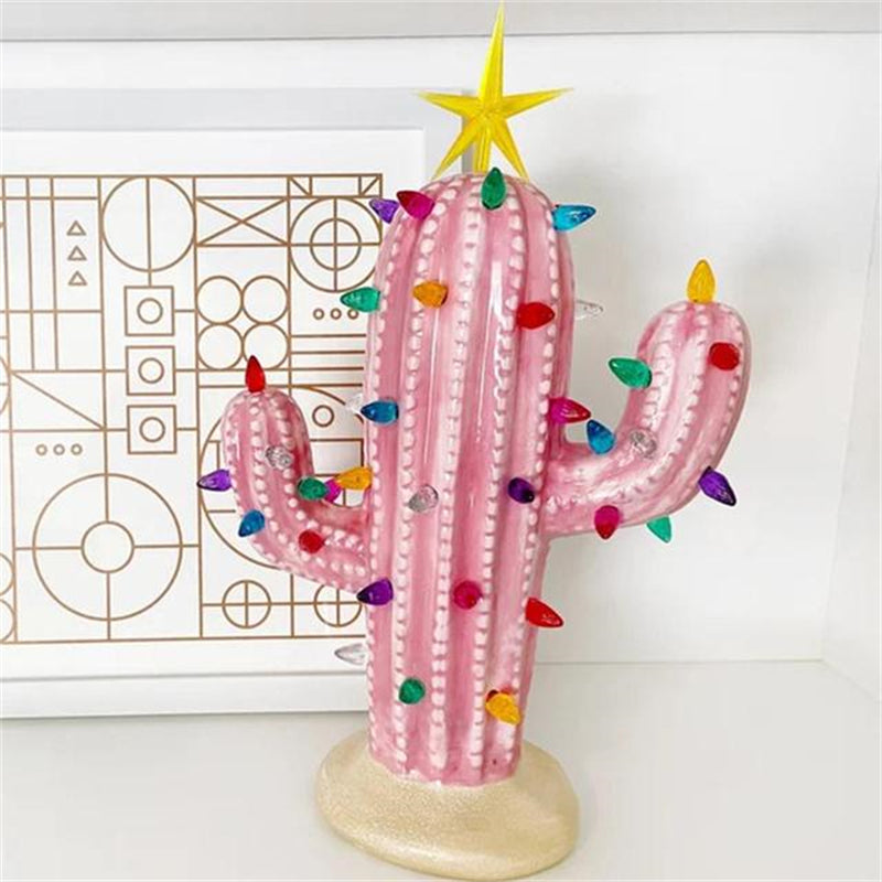 Resin Ornaments Ceramic Christmas Cactus with Light Decorations – Pink