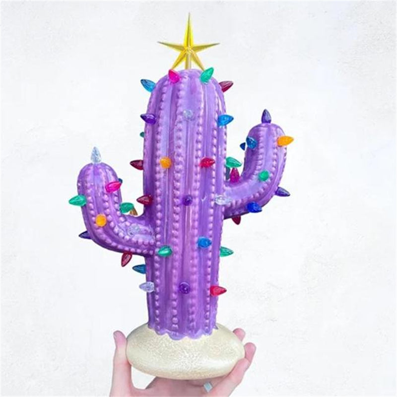 Resin Ornaments Ceramic Christmas Cactus with Light Decorations – Purple