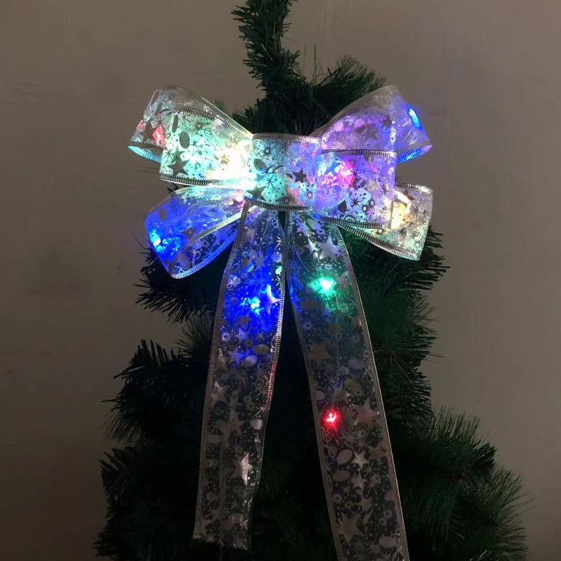 stmas Tree Ribbon Bow LED String Lights Xmas Gift Decoration – Silver Printing / Multicolor