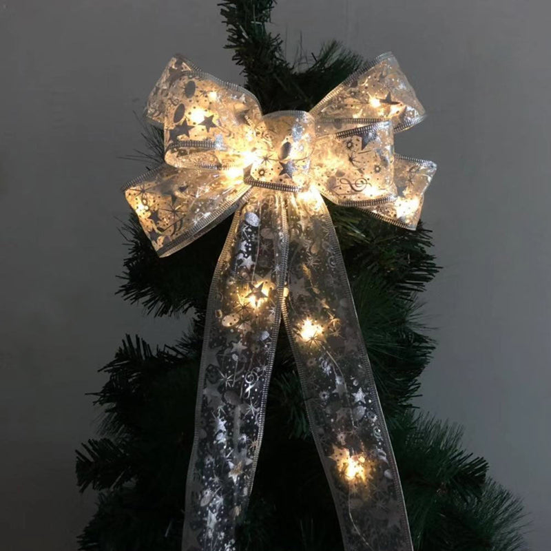 stmas Tree Ribbon Bow LED String Lights Xmas Gift Decoration – Silver Printing / Warm White
