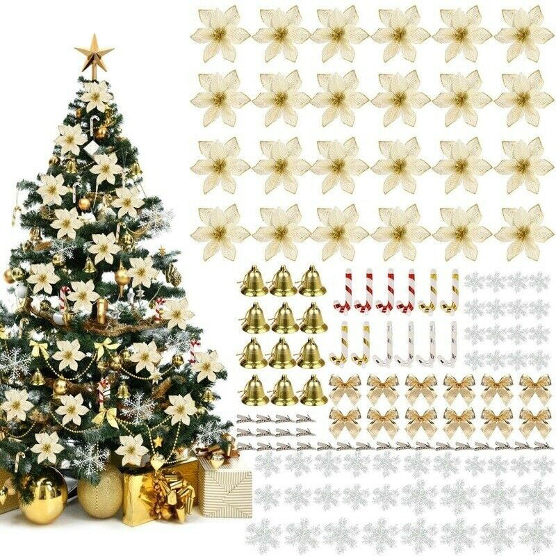 120Pcs Christmas 15cm Poinsettia Glitter Flower Bell Bows Snowflake Tree Hanging – Gold