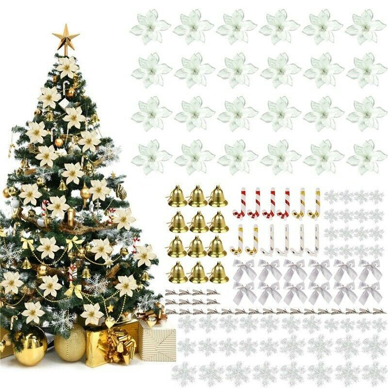 120Pcs Christmas 15cm Poinsettia Glitter Flower Bell Bows Snowflake Tree Hanging – Silver