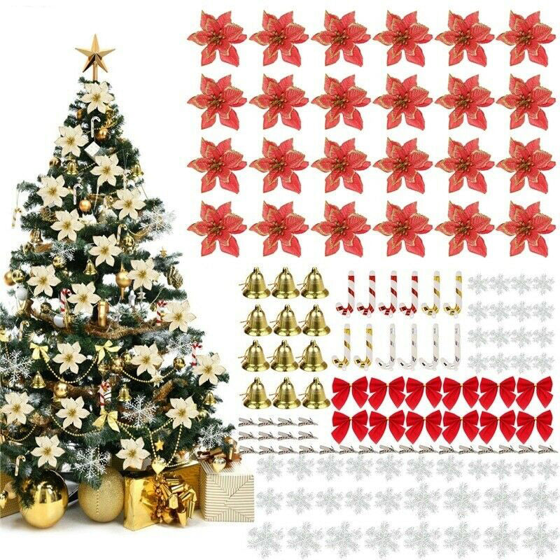 120Pcs Christmas 15cm Poinsettia Glitter Flower Bell Bows Snowflake Tree Hanging – Red