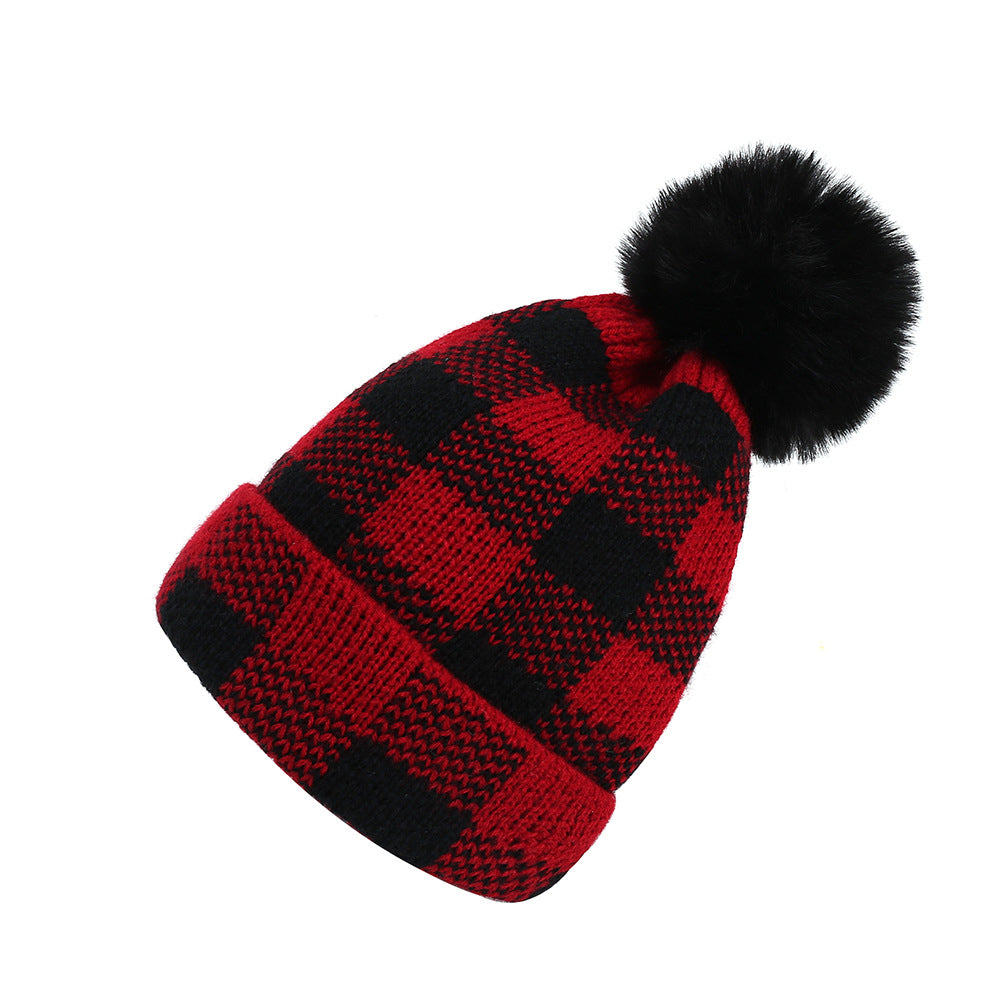 Winter Wool Ball Red Plaid Parent-child Warm Knitted Hat – Adult