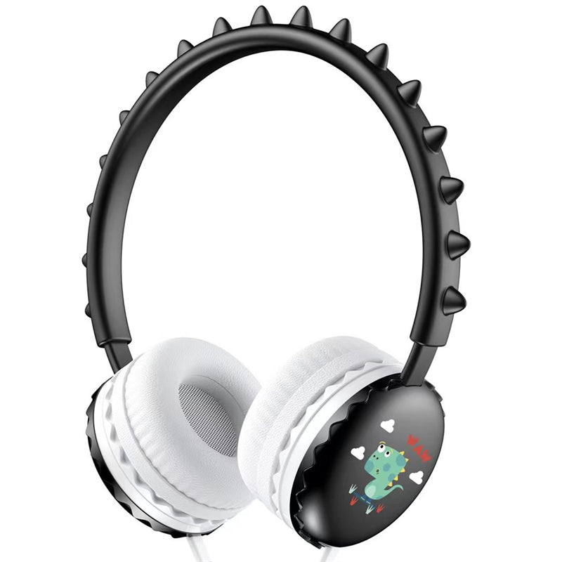 Cute Cartoon Dinosaur Wired Headphones with Microphone for Kids – Black
