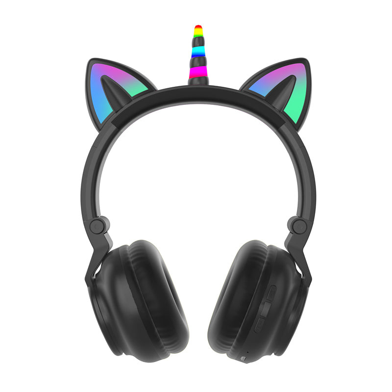 LED Kid Girl Cute Cat Ears Unicorn Luminous Wireless Headphone – Black