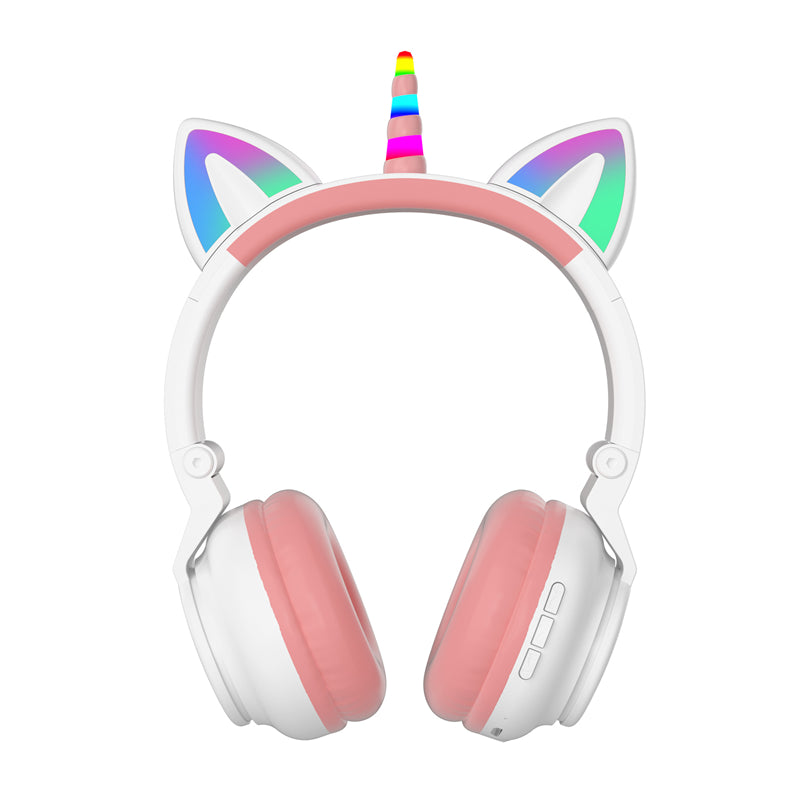 LED Kid Girl Cute Cat Ears Unicorn Luminous Wireless Headphone – White