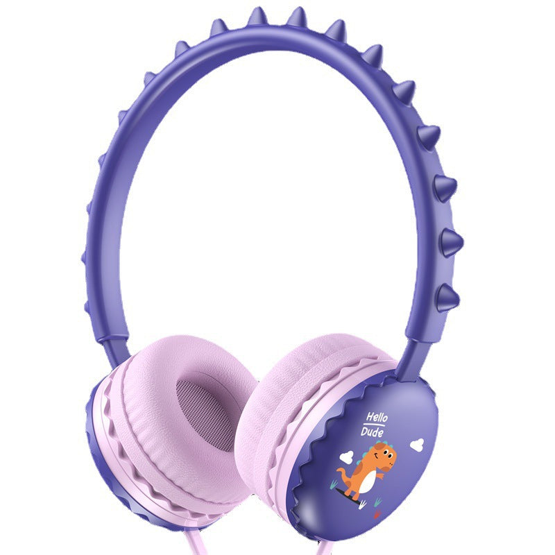 Cute Cartoon Dinosaur Wired Headphones with Microphone for Kids – Purple