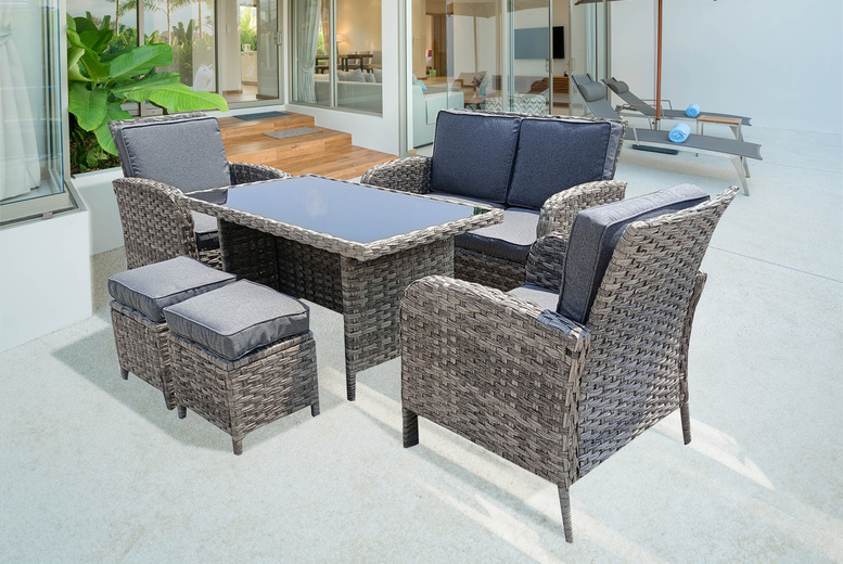 6 Seater Rattan Family Dining Set with Sofa, Armchairs, Stools, and a Table